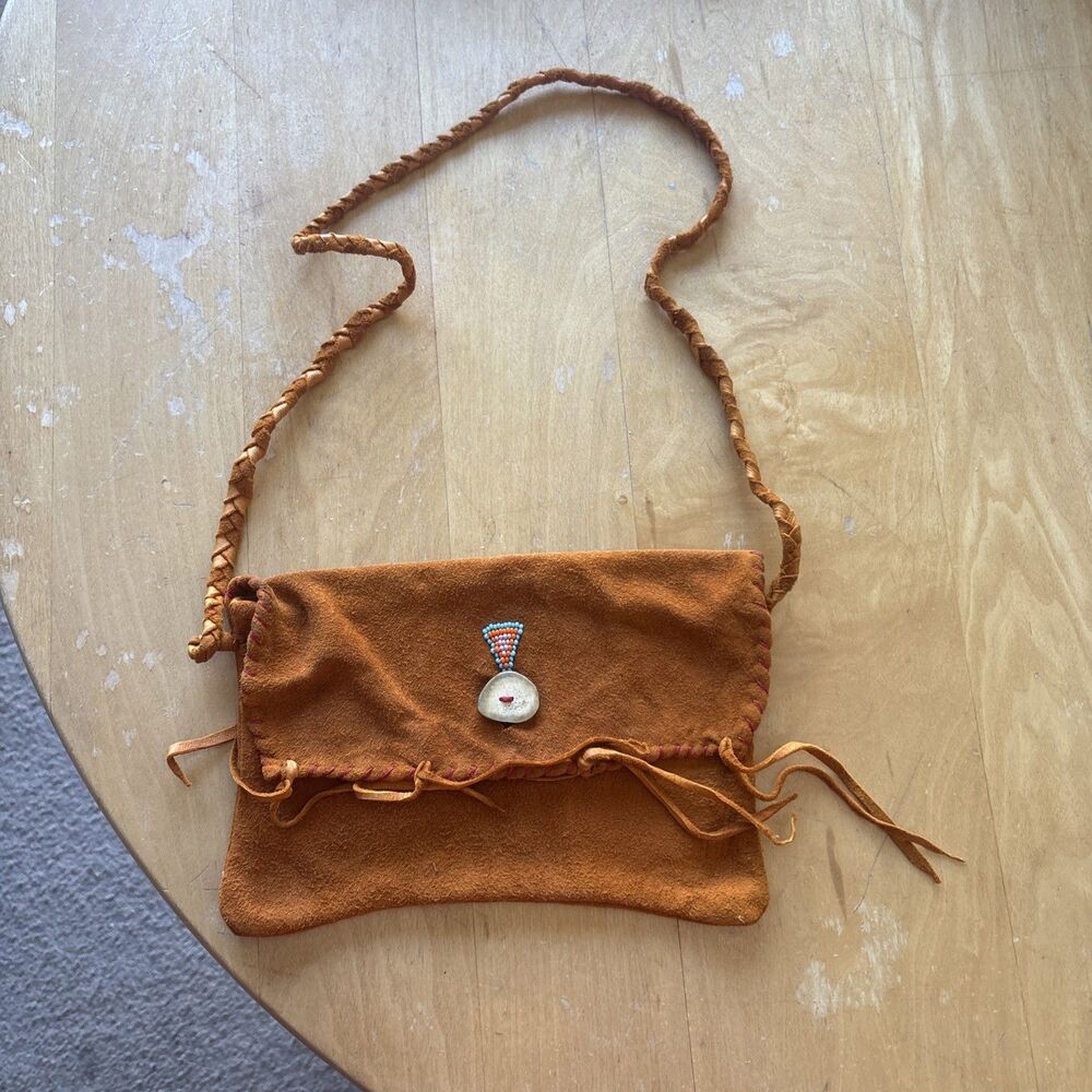 Vintage Deerskin Suede Bag Brought from New Mexico Artisan 1970 Antler Detail